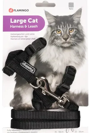 Shop Nu Flamingo Kattenharnas + Lijn Classic Ela Grote Kat-Zwart 35-56 cm 12 mm